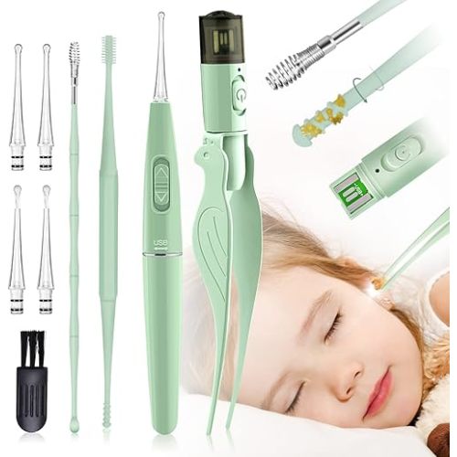 Ear Wax Removal Tools,9 Pack Ear Cleaning Tool,Ear Pick with 2 LED Lights,Built-in USB Ear Wax Remover for Kids and Adults