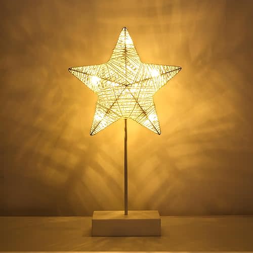 Decorative Table Lamp, Christmas Star Night Lamp Winding Cotton Thread Warm LED Light Lamp for Bedroom, Battery Operated Lamp for Tables Cordless Xmas Home Romantic Bedside Table Lamp, White