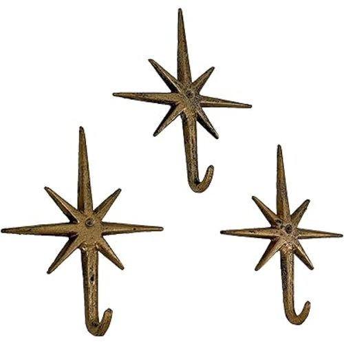 Set of 3 Gold Finish Cast Iron 8-Pointed Atomic Starburst Wall Hooks - Mid-Century Modern Elegance - Easy Install - Perfect for Vintage and Eclectic Decor