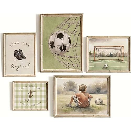 5Pcs Vintage Nursery Wall Art Football Sport Canvas Painting Retro Boy Room Wall Decor Kids Inspirational Soccer Posters Prints Toddler Sport Pictures for Children Bedroom 8x10inch Unframed
