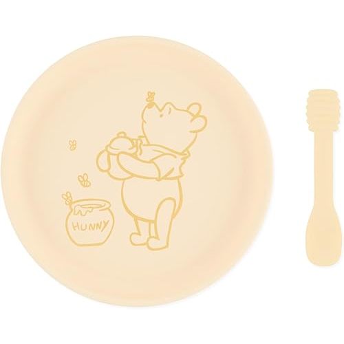 Bumkins Disney Baby and Toddler Plate and Spoon Set, Silicone Dish for Babies and Kids, Baby Led Weaning, Children Feeding Supplies, Microwave Safe, Platinum Silicone, Ages 6 Months, Winnie the Pooh