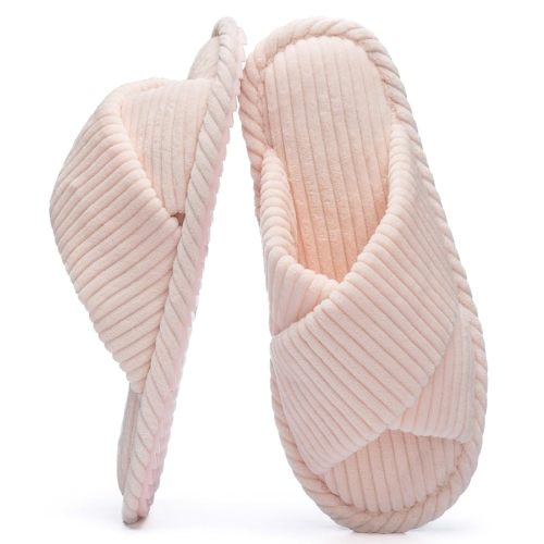 Slippers for Women Memory Foam House Bedroom Corduroy Crossbands Open Toe Slides Sandals Shoes Comfy Trendy Gift for womens Anti-Skid sole