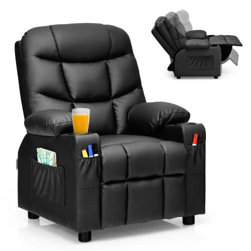 Costway Kids Youth Recliner Chair PU Leather w/Cup Holders & Side Pockets Black