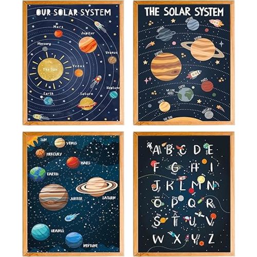 BearCake Space Nursery Decor, Space Wall Decor, Solar System Outer Space Planet Alphabet Poster Prints Wall Art Decor for Classroom Toddler Kids Room Playroom Nursery, 8x10 Inches Set of 4 Unframed