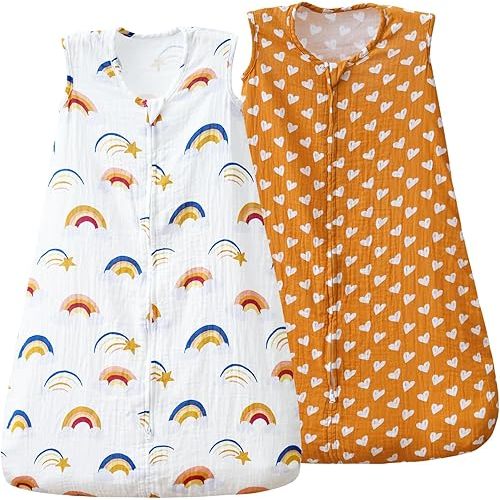 david's kids Muslin Cotton Baby Sleep Sack 0-6 Months, 2 Pack 100% Cotton Sleeping Bag for Summer, TOG 0.5 Baby Wearable Blankets with 2-Way Zipper, Soft Sleep Sacks for Newborn Infant, Rainbow