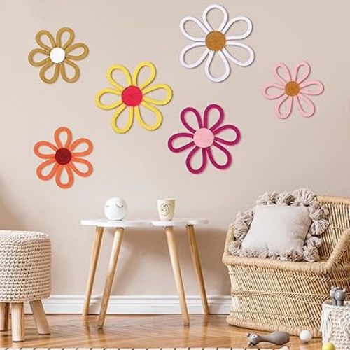 Barydat 6 Pcs Boho Nursery Decor Daisy Flower Woven Macrame Wall Hanging 3 Size Daisy Flower Wall Decor Bohemian Nursery Decorations for Home Kids Dorm Art(Fresh Color)