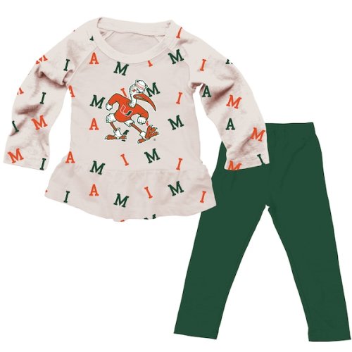 Girls Toddler Wes & Willy Oatmeal Miami Hurricanes Ruffle Raglan Long Sleeve T-Shirt & Leggings Set