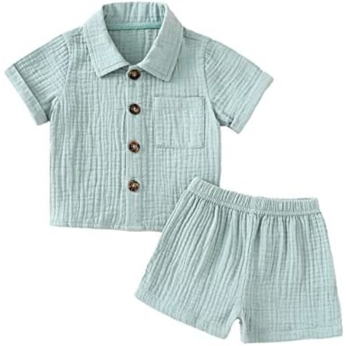 Baby Boys Clothes Set Toddler Infant Boys Button-down Shirt Tops + Cotton Gauze Shorts Summer Outfit 2PCS with Pockets