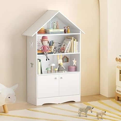 Kids Dollhouse Bookshelf, Large Wooden Kids Bookshelf and Toy Storage with Doors, 3-Tier Open Display Organizer and 1-Tier Hidden Storage Dollhouse Bookcase for Ages 3-7, White