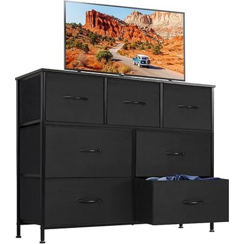 DUMOS TV Stand Dresser for Living Room Bedroom with 7 Fabric Drawer, Entertainment Center Chest Storage Organizer Units for Clothing, Closet, Cabinet, Living Room Furniture, Classic Black