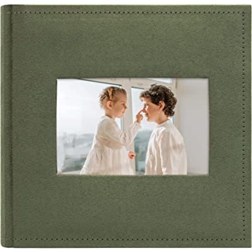 Golden State Art, Photo Album Hold 200 4x6 Horizontal Pictures with Memo for Christmas, Vacation, Memories, Weddings, Holidays(2 Per Page, Large Front Photo Display,Suede Cover - Green)