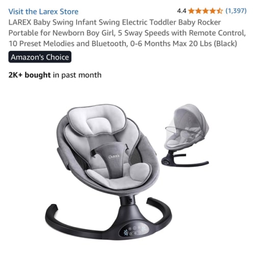 LAREX Baby Swing Infant Swing Electric Toddler Baby Rocker Portable for Newborn Boy Girl, 5 Sway Speeds with Remote Control, 10 Preset Melodies and Bluetooth, 0-6 Months Max 20 Lbs (Black)