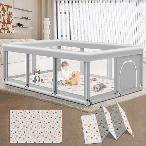 Large Baby Playpen with Mat, 74" ×50", Large Play Yards Indoor & Outdoor, Sturdy Safety Baby Play Pen with Soft Breathable Mesh, Toddlers Play Pen with Anti-Slip Base, Mat Included