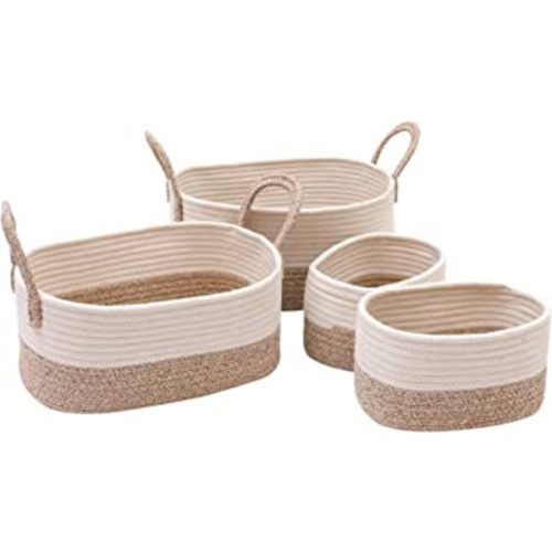 Storage Baskets Set of 4,Cotton Rope Woven Organizer Bins Foldable Decorative Basket with Handles for Baby Nursery Laundry Kid's Toy,Beige
