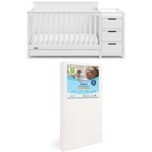 Graco Hadley 5-in-1 Convertible Crib and Changer and Premium Crib & Toddler Mattress Bundle, White