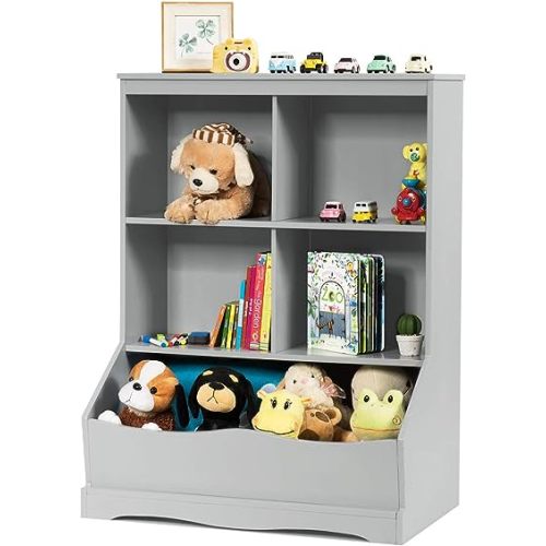 Giantex Storage Cabinet, Cubby Toy Organizer, 3 Shelf 4 Cube Units, Storage Bins Cubbies for Kids' Collections, Kids Bookshelf and Bookcase for Children Playroom Hallway Kindergarten School, Gray