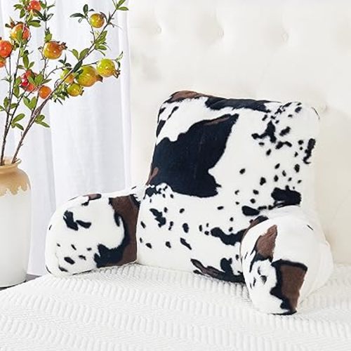 Animal Print Faux Fur Plush Backrest Reading Bed Rest Pillow with Arms and Pockets for Sitting in Bed Couch Sofa, Back Support Wedge Cushion with Removable Cover, 20" x 18" x 17", Cow