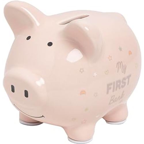 Kate & Milo Mini Ceramic Piggy Bank, Newborn Nursery Décor, Baby Girl Keepsake Gift, My First Bank, Pink Rainbows and Stars