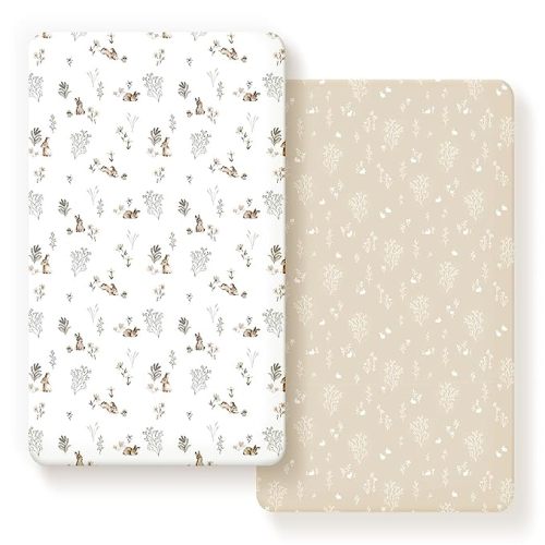 GRSSDER Stretch Ultra Soft Jersey Knit Fitted Crib Sheets Set 2 Pack,Fit All Standard Crib Mattress Pads Safe and Snug, Crib Fitted Sheet for Boys and Girls, Stylish Watercolor Rabbit Pattern