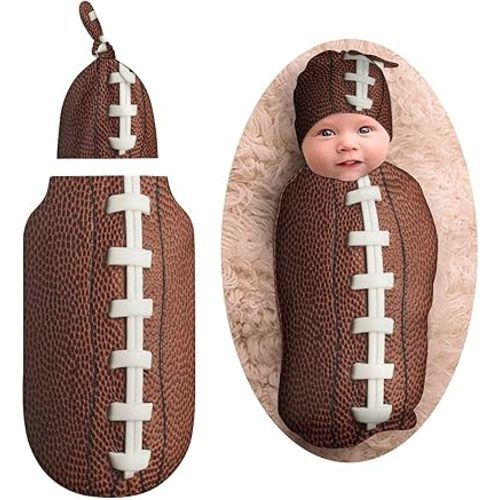 Football Newborn Baby Swaddle Blanket with Beanie Hat Baby Receiving Blanket Soft Baby Sleep Sack Baby Wraps Blankets Gifts for Boys Girls Infant