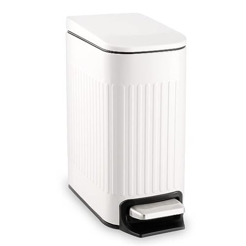 TrashAid Slim Bathroom Trash Can with Lid Soft Close, 6 Liter/1.6 Gallon Stainless Steel Small Garbage Can with Removable Inner Bucket, Step Pedal, Slim Wastebasket for Toilet, Office, Bedroom, White
