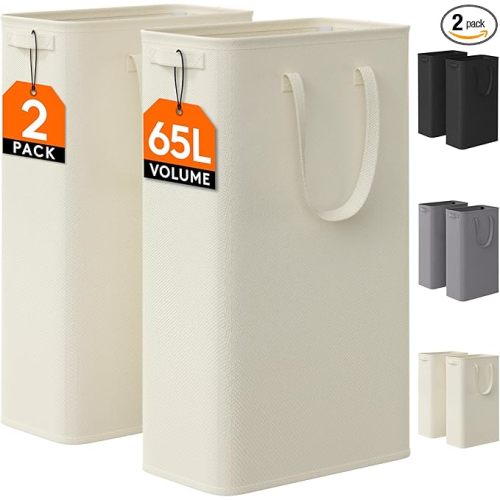 Lifewit 2 Pack Slim Laundry Hamper, Collapsible Narrow Laundry Basket, Small Tall Dirty Clothes Hampers with Handles for Bathroom Bedroom College Dorm, White, 65L