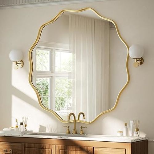 VooBang Gold Scalloped Circle Mirror, 36" Wavy Edge Round Wall Mirror with Tempered Glass Textured Circular Metal Deep Frame, Hanging Leaning for Bathroom, Hallway, Entryway, Livng Room