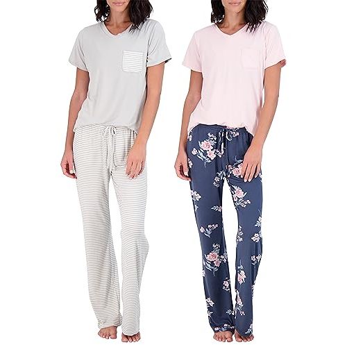 Real Essentials 2 Pack: Women's Pajama Set - Choose from Short Sleeve with Pocket or Long Sleeve without Pocket
