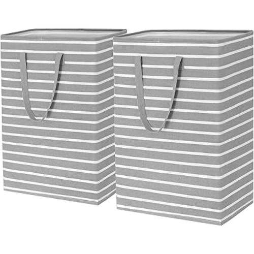 Goodpick Slim Laundry Basket 75L,2 Packs Corner Laundry Hamper Large Collapsible Clothes Hamper with Handles, Laundry Bin Toy Storage Baskets for Bedroom Student Dorm Organizing, Grey Stripe