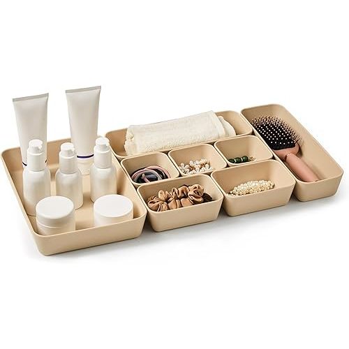 ISSEVE 8Pcs Nesting Silicone Drawer Organizer Trays, 4 Size Versatile Vanity Bathroom & Desk Drawer Organizer Set Storage Bins for Office,Kitchen,Nightstand,Beige