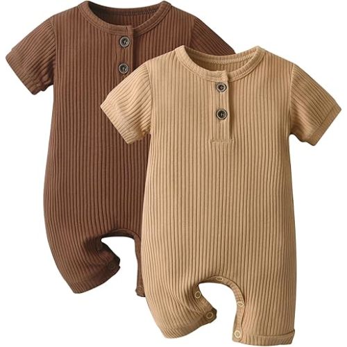 Baby Boy Girl 2 Pack Solid Romper Short Sleeve Brown + Khaki - 3-6 mo