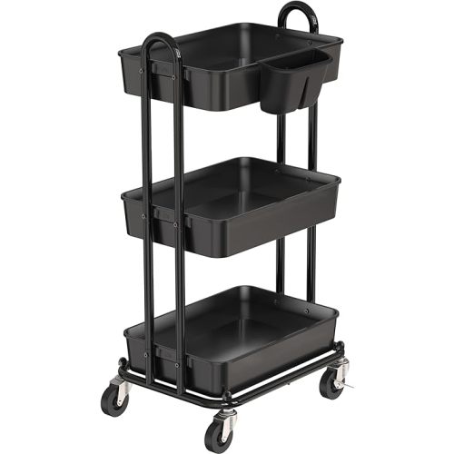 Simple Houseware 3-Tier Multifunctional Rolling Utility Cart with Hanging Bucket, Black