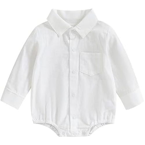 Baby Boy Button Down Shirt Newborn Solid Color Long Sleeve Romper Gentleman Lapel Bodysuit with Pocket