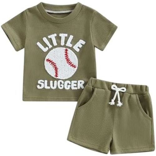 Baby Boy Baseball Outfit Letter Embroidered Short Sleeve T-Shirt Tops Shorts Set Waffle Knit Summer Clothes