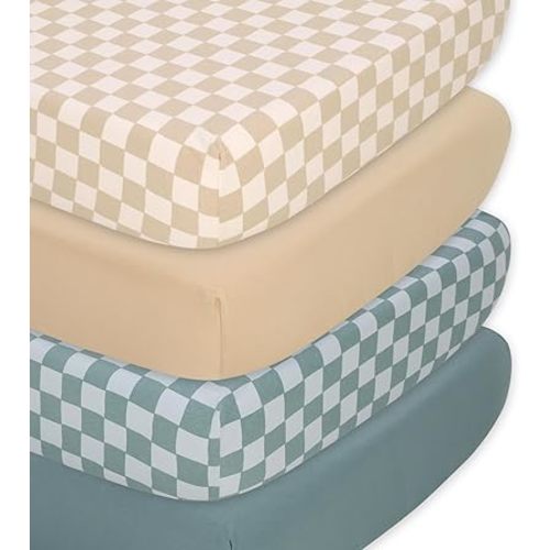 The Peanutshell 4-Pack Organic Fitted Crib Sheet Set - Soft & Breathable Baby Girl or Boy Crib Sheets, 100% Jersey Cotton Nursery Decor, Fit for Standard Mattress Cover- Check