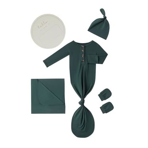 SUZEL Newborn Baby Swaddle Blanket Set with Baby Knotted Gown, Mittens, Hat - Bamboo Viscose Receiving Blanket Bundle (Army Green)