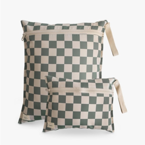 mushie Water Resistant Wet Bags | Large & Small Reusable Storage Bag for Baby Items and Travel | Zippered Pockets with Handle | Machine Washable, Set of 2 (Olive Check)