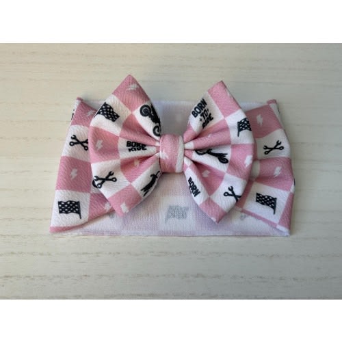 Pink Checkered Motocross Dirt Bike Baby Girl Hair Bow and Headwrap| Liverpool Fabric