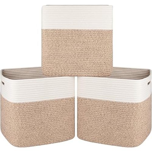 OIAHOMY 3-Pack Kallax Storage Cubes, Cotton Rope Woven Baskets for Organizing, 13 Inch Cube Storage Bins for Shelves, Baby Nursery, Closet Organizer