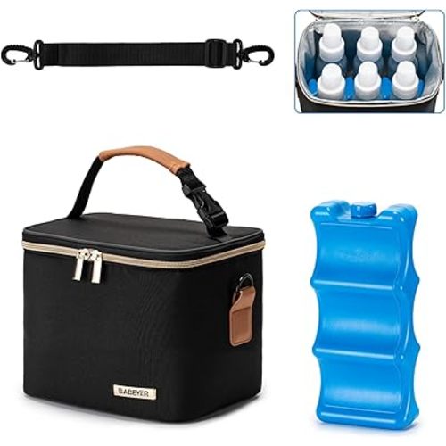 Breastmilk Cooler Bag with Ice Pack Fits 6 Baby Bottles Up to 5 Ounce, Baby Bottle Bag with Shoulder Strap for Nursing Mom Daycare-Black