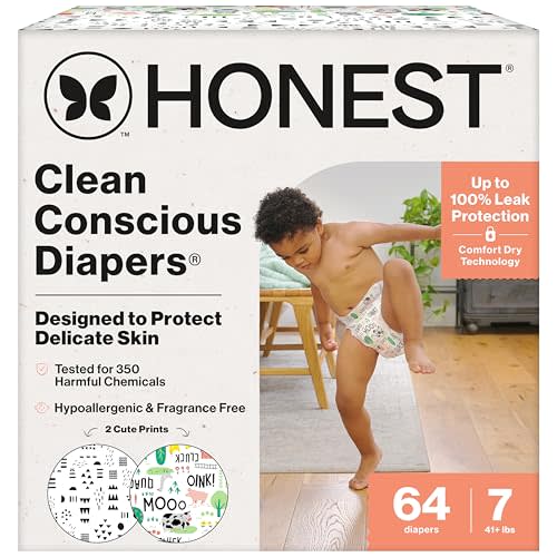 The Honest Company Clean Conscious Diapers for Sensitive Skin | Up to 100% Leakproof | Hypoallergenic, Fragrance Free | Gender Neutral | Super Club Box, Size 7 (41+ lbs), 64 Count (Prints May Vary)
