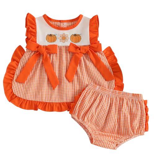 Pyndorva Halloween Baby Girl Outfits Ghost Pumpkin Plaid Ruffle Tank Tops Bloomer Shorts Set Toddler Halloween Clothes