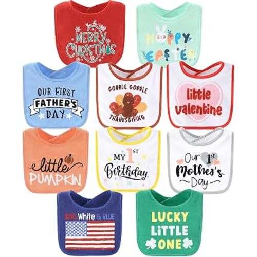 The Peanutshell Baby Boy or Girl Terry Bibs Set of 10-100% Cotton, Soft, Absorbent Baby Bibs, Unisex Toddler Boy or Girl Set, Newborn & Infant - Holiday