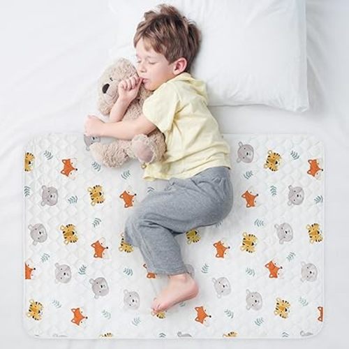 Organic Incontinence Pads for Kids & Toddlers - 5 Layer Waterproof Protectors for Overnight Bed Wetting - Reusable & Washable Pee Pads - Fits Twin to Full Size Beds - 34" x 52" Tiger Bear Fox