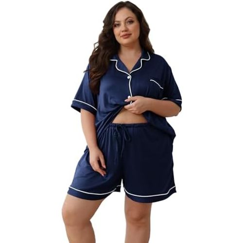 Givtzzod Women Plus Size Pajamas Button Down Short Sleeve Top & Shorts Lounge Sets Outfit Summer Soft Pj Bride Sleepwear