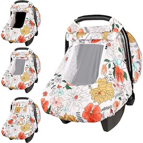Baby Carseat Cover Girls, Pea Pod Infant Car Seat Covers Canopy for Newborn with 2 Layers Windows of Breathable Mesh/Fabric, Lightweight Polyester/Minky Dot Backing, Snug Fit Most Baby Car Seat