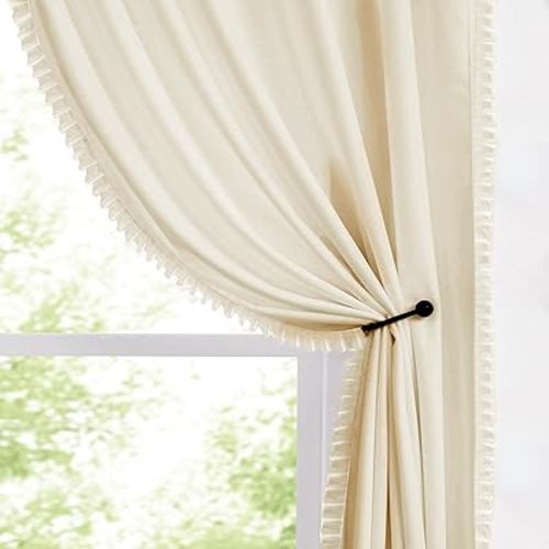 Cream Ivory Ruffle Velvet Curtains Room Darkening Set with Rod Pocket Solid Window Treatment Cotton Feel Soft Privacy Home Decoration Drapes for Bedroom/Living Room (50"×84"×2)