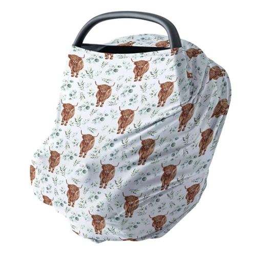 HawSkgFub Highland Cow Eucalyptus Leaf 5-in-1 Car Seat Cover for Baby Boy Cow Lover Gift, Western Cowboy Privacy Breastfeeding Nursing Cover, Newborn Infant Multi-use Carseat Canopy Carrier