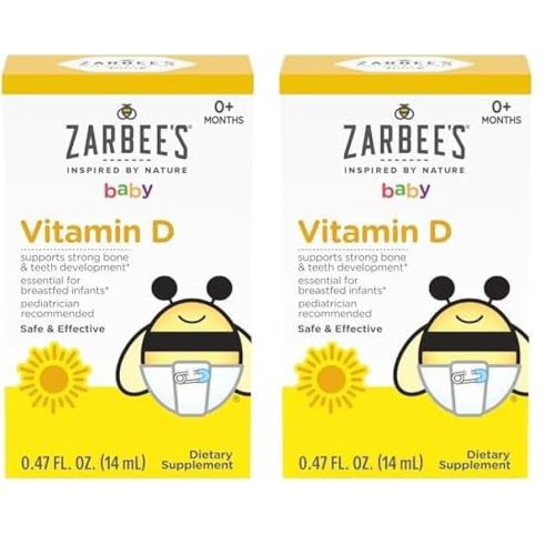 Zarbee's Vitamin D Drops for Infants, 400IU (10mcg) Baby & Toddler Liquid Supplement, Newborn & Up, Dropper Syringe Included, 0.47 Fl Oz (Pack of 2)