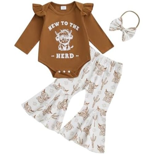 Western Baby Girl Outfit Highland Cow Print New to the Herd Letter Long Sleeve Romper Flared Pants and Headband